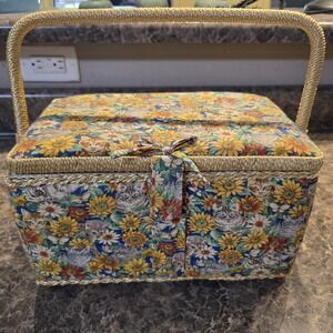 Vintage Wicker Sewing Box Cat And Flower Pattern